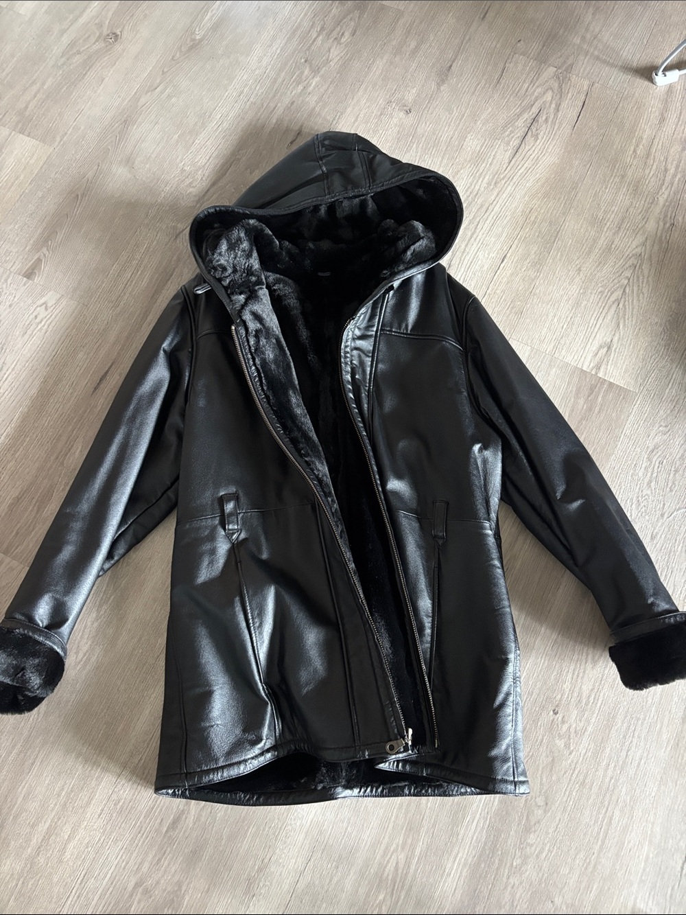Black Leather Hooded Jacket with Faux Fur Lining